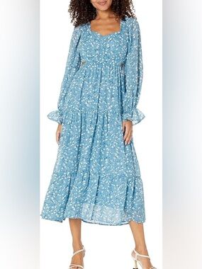 Moon River Ruffled Smock Midi Dress Back Cut Out Blue Floral Womens Sz. L